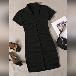 Black Ruched Dress With Collar